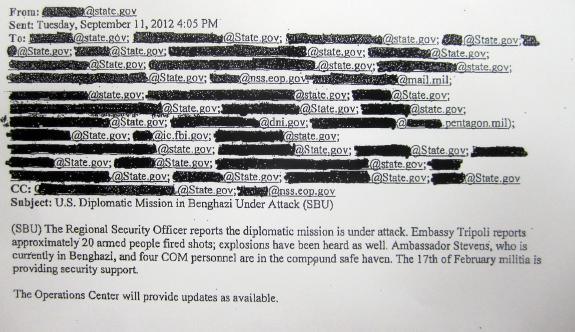 Emails from State Dept. Operations Center to Washington DC 9112012 405PM Re Benghazi Libya Attack Real-Time