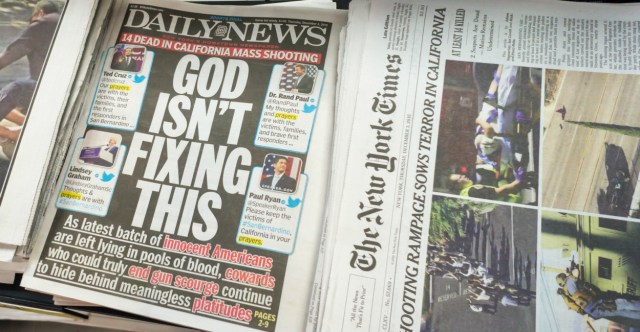 Front pages of New York newspapers on Thursday, December 3, 2015 report on the previous day's shootings at the Inland Regional Center in San Bernadino, CA by Syed Farook and his wife Tashfeen Malik. 14 people were killed in the mass murder and 17 seriously wounded. The perpetrators were killed by the police. (© Richard B. Levine)
