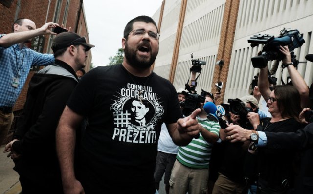 White nationalist leader Heimbach screams at media outside Charlottesville courthouse in defense of Fields as a bail hearing is held in Charlottesville