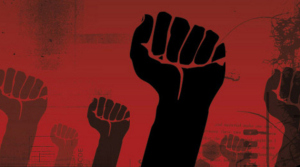Socialism-raised fists-black on red background